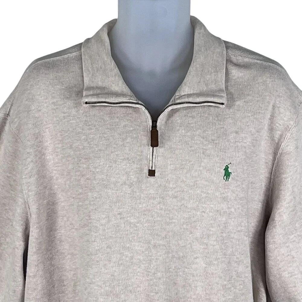 Polo Ralph Lauren Mens XXL Tan Rib Mockneck 1/4 Zip Pullover Old Money Timeless